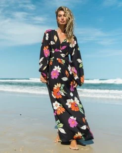 Budget 🧨 Billabong Night Bloom Long Sleeve Maxi 👗 Dress BLACK PEBBLE 🌟 -Color of the season Shop abjwd00151 billabongl bpb frt1 1