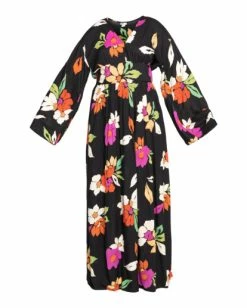 Budget 🧨 Billabong Night Bloom Long Sleeve Maxi 👗 Dress BLACK PEBBLE 🌟 -Color of the season Shop abjwd00151 billabongv bpb frt1 1