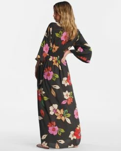 Budget 🧨 Billabong Night Bloom Long Sleeve Maxi 👗 Dress BLACK PEBBLE 🌟 -Color of the season Shop abjwd00151 billabongw bpb bck1 1