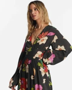 Budget 🧨 Billabong Night Bloom Long Sleeve Maxi 👗 Dress BLACK PEBBLE 🌟 -Color of the season Shop abjwd00151 billabongw bpb dtl1 1