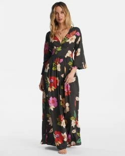Budget 🧨 Billabong Night Bloom Long Sleeve Maxi 👗 Dress BLACK PEBBLE 🌟 -Color of the season Shop abjwd00151 billabongw bpb frt1 1