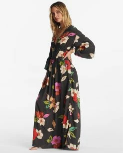 Budget 🧨 Billabong Night Bloom Long Sleeve Maxi 👗 Dress BLACK PEBBLE 🌟 -Color of the season Shop abjwd00151 billabongw bpb sd1 1