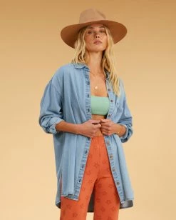 Coupon 🔔 Billabong Salty Blonde In The Tide Long Sleeve Denim 👚 Shirt SALTY BLUE 🌟 -Color of the season Shop abjwt00325 billabongw syl frt1 1