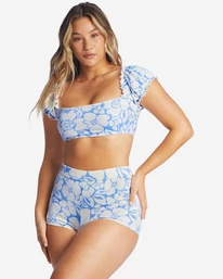Discount 🤩 Billabong Beyond The Blue Puff Sleeve Crop 👙 Bikini Top SALT CRYSTAL 😉